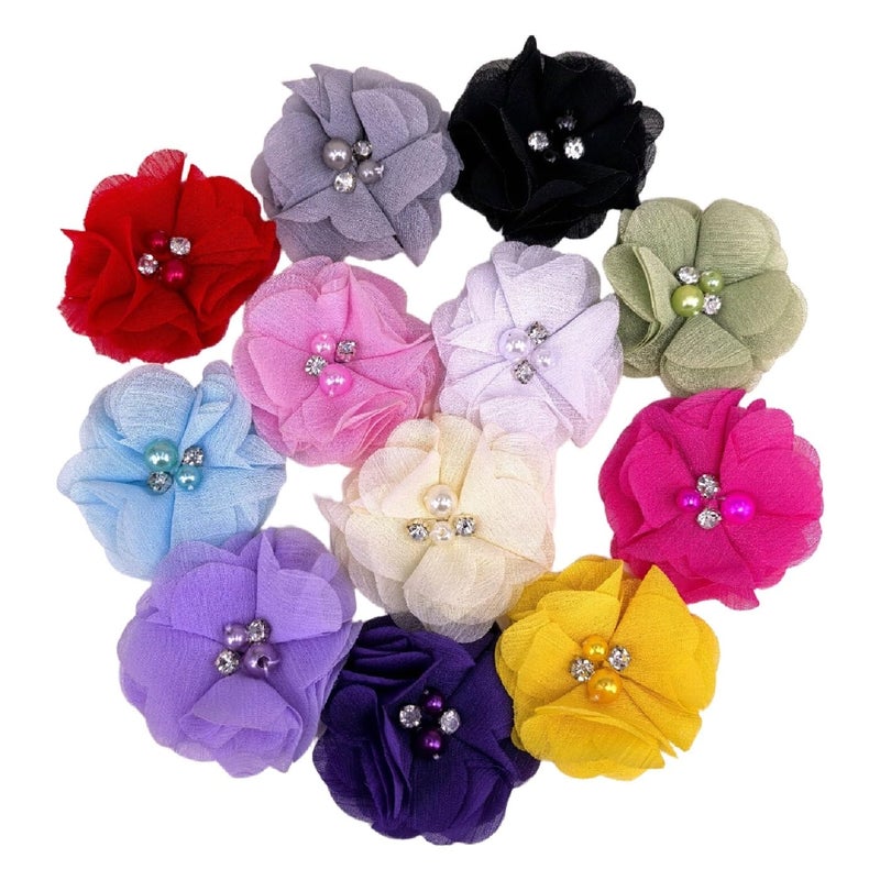 Chenkou Craft Pack of 12pcs Chiffon Flowers Ribbon Bows W/Beads 2-3/8" (60mm) Appliques Wedding Decor Bulk Lots (Multi-Color)
